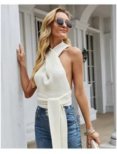 Detail view of a sexy cross halter knit camisole, stylish backless solid color knit top.