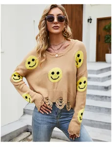 Maglione in maglia strappato donna casual maniche lunghe scollo V con smiley giallo
