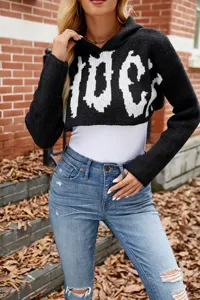 Dames zwarte korte gebreide hoodie met lange mouw letter jacquard truien casual top