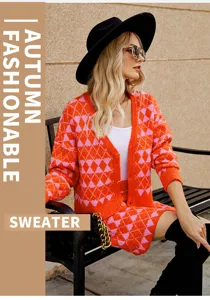 Ensemble gilet et jupe en tricot pour femme mode automne argyle manches longues chic