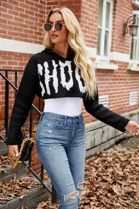 Dames Korte Trui met Capuchon Lange Mouwen Letter Jacquard Casual Gebreide Top