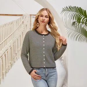 Detailed view of women casual striped knit cardigan, cozy long sleeve button down sweater style.