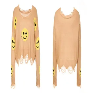 Maglione Lavorato a Maglia Strappato Donna Simpatico Faccina Oversized Manica Lunga Scollo V
