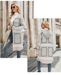 Detailed view of grey hooded knitted cardigan with geometric pattern and front pockets design.