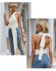 Halter neck knitted camisole sexy backless crop top detailed view showing stylish tie design.