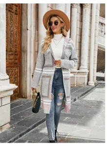 Long hooded knitted cardigan for women, casual grey striped sweater coat, autumn winter outerwear.