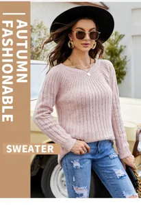 Maglione donna rosa a coste maniche lunghe scollo rotondo pullover casual top chic