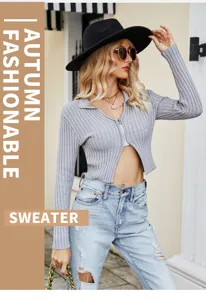 Dettaglio in primo piano del cardigan corto in maglia a costole, con colletto e zip.