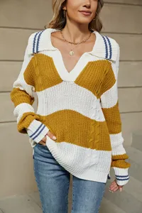 Jersey de punto a rayas con cuello polo y escote en V para mujer, suéter casual holgado otoño.