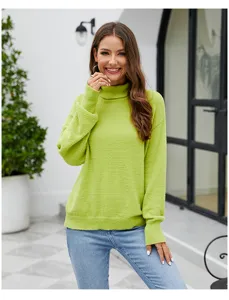 Close-up detail of women's lime green turtleneck knit sweater, long sleeve autumn fashion.