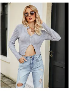 Top corto in maglia a coste grigia con zip, cardigan aderente sexy a maniche lunghe donna.