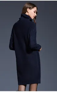 Close-up detail showcasing the cozy turtleneck and soft knit texture of this warm sweater dress.