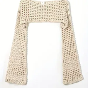 Detailed view of beige crochet hollow-out long flare sleeve shrug bolero knitwear top.
