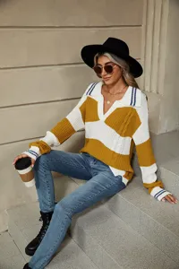 Suéter de punto a rayas amarillo y blanco de mujer top casual holgado cuello polo