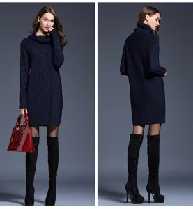 Dark blue turtleneck cable knit sweater dress for women, long sleeve winter casual knitwear.