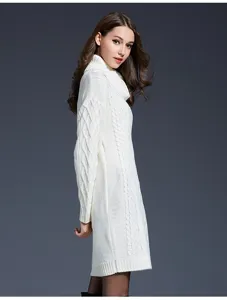 White cable-knit turtleneck sweater dress detail, showing exquisite texture and side profile.
