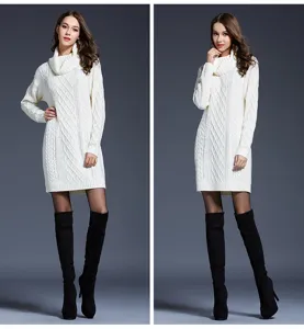 Detailed view of the cozy cable-knit turtleneck sweater dress, showcasing texture and fit.