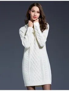 Detailed view of white turtleneck cable knit sweater dress, cozy long sleeve winter wear.