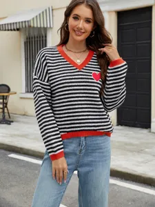 Women's V-Neck Striped Sweater Heart Patch Embroidered Knit Pullover Casual Long Sleeve Top Valentine's Day Clothing