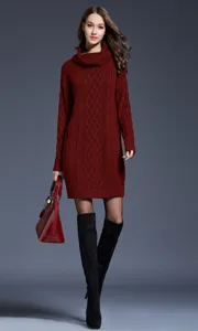 Long turtleneck cable knit sweater dress for women, cozy winter thermal outfit.
