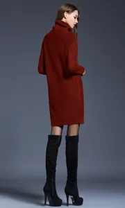 Detailed view of the elegant wine red long turtleneck knit sweater dress for women.