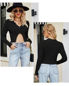 Donna cardigan crop côté a maniche lunghe con zip maglione slim fit autunno dettaglio