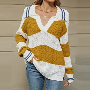 Mujer otono invierno jersey rayas cuello polo tejido punto holgado casual superior