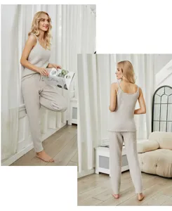 Cozy fuzzy knit camisole and pants pajama set, soft loungewear detail view in neutral beige.