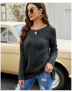 Maglione a coste grigio scuro da donna, top casual a maniche lunghe con scollo rotondo.