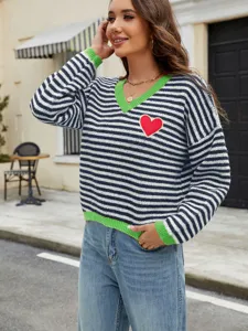 Women's Striped V-Neck Knit Sweater Red Heart Patch Casual Long Sleeve Pullover Top