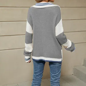 Mujer Otoño Invierno Jersey Oversized De Punto Con Cuello Polo A Rayas Moda Casual
