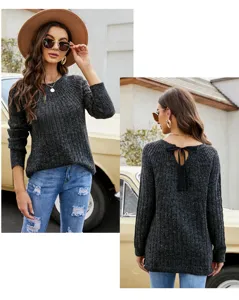 Maglione a coste da donna a maniche lunghe con scollo tondo e fiocco sul retro, grigio scuro.