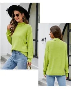 Women solid turtleneck knit sweater long sleeve pullover casual autumn winter daily wear
