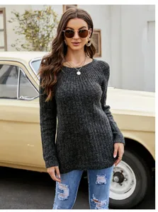 Maglione a maniche lunghe in maglia a costole grigio scuro, vista dettagliata inver.