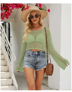 Damen Häkelstrick Crop Top Langarm Schlagarm Sommer Lochmuster Strickpullover Neu