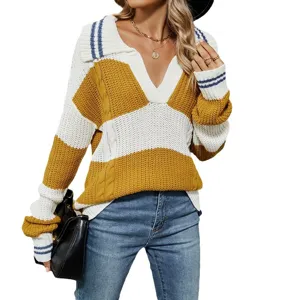 Suéter de punto a rayas con cuello polo para mujer, jersey holgado de otoño casual