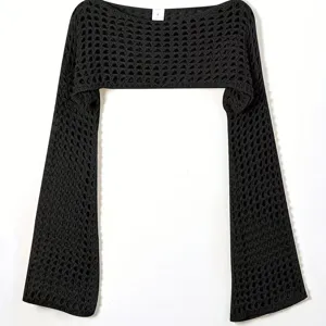 Black crochet off-shoulder bolero sweater with long bell sleeves, casual hollow-out top.