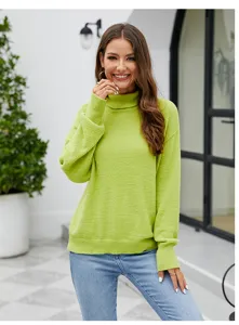 Women's solid neon green turtleneck long sleeve knit sweater casual pullover top for autumn winter