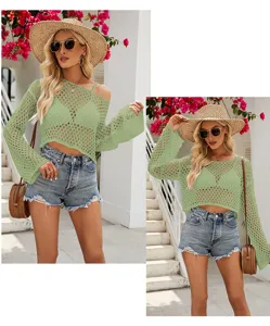 Damen Häkelstrick Crop Top Schlagarm Pullover Sommer Freizeit Strand Bikini Überwurf