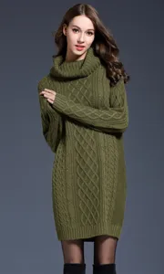 Detailed view of a woman wearing an olive green cable knit turtleneck sweater dress.