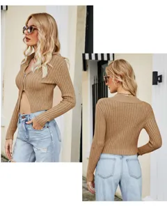 Cardigan in maglia a costole, crop top sexy a manica lunga in tinta unita per la moda autunnale.