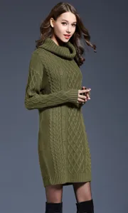 Green Turtleneck Cable Knit Sweater Dress Women Long Sleeve Fall Winter Casual Outfit