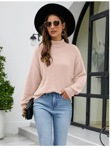 Pink high-neck knit sweater detail, elegant women long-sleeve solid pullover autumn top.