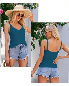 Femme été haut en tricot col en V sans manches slim décontracté basique couleur unie chic