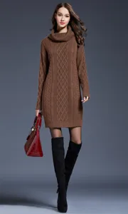 Brown turtleneck knit dress detail shot, featuring cozy cable knit pattern and elegant style.