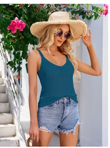 Été femmes tricot bretelles débardeur col V sans manches bleu casual crop top mode.