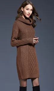 Close-up detail of women's brown turtleneck cable knit long sweater dress for winter.