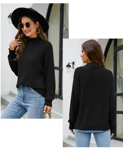 Women's solid color turtleneck long sleeve knitted pullover sweater casual chic daily wear winter