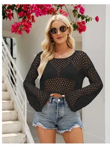 Schwarzer Damen Häkel Crop Pullover mit langen Schlagärmeln für modischen Frühlingslook.