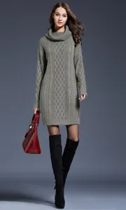 Long turtleneck cable knit sweater dress for women, cozy winter pullover dress in elegant grey.